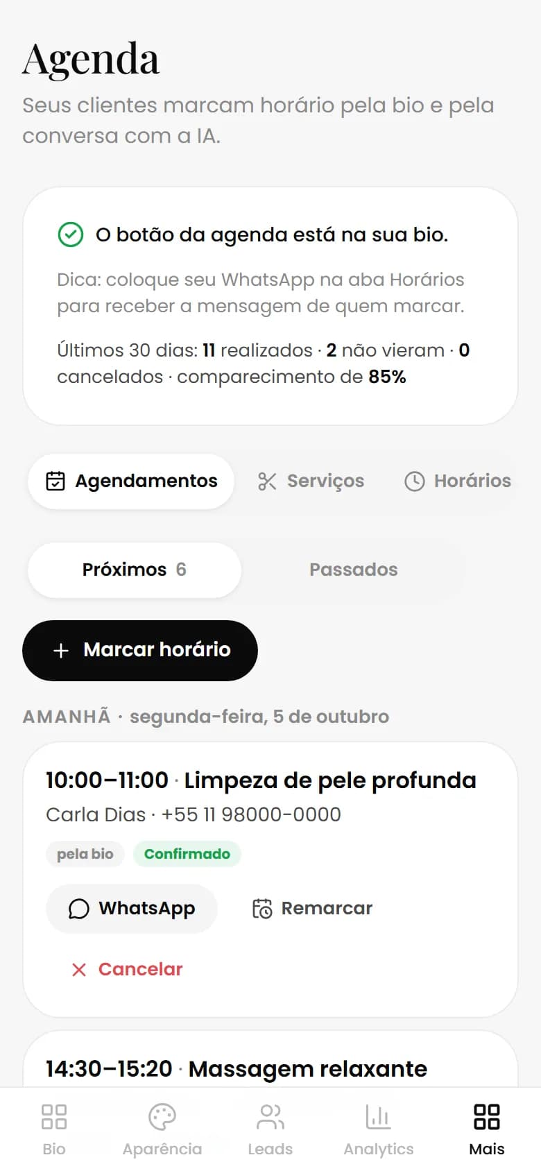 Tela Agenda do painel do Clickspot no celular