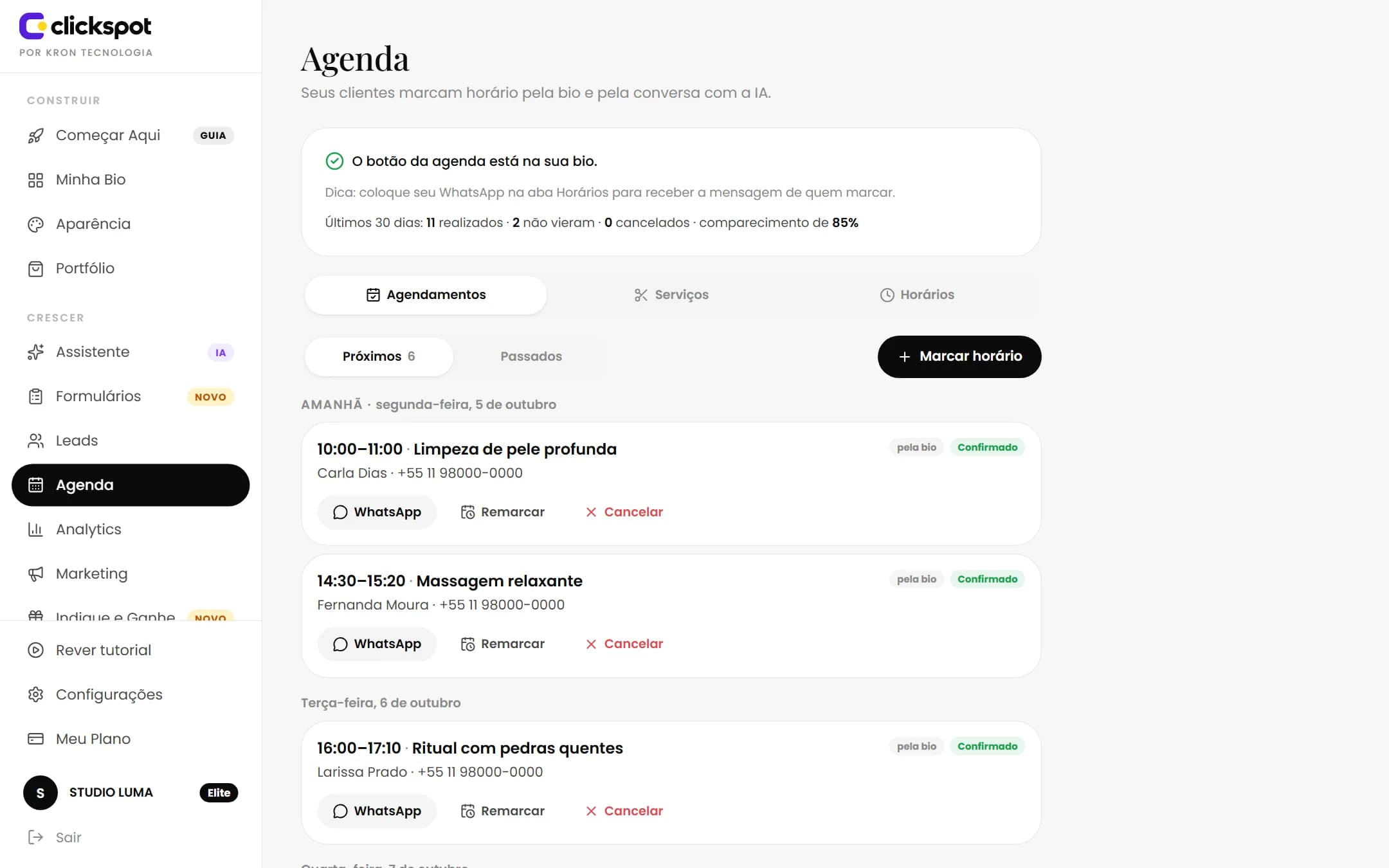 Tela Agenda do painel do Clickspot
