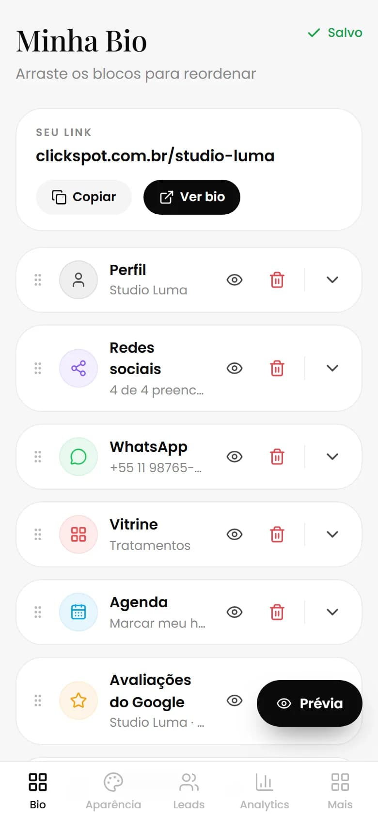 Tela Editor do painel do Clickspot no celular