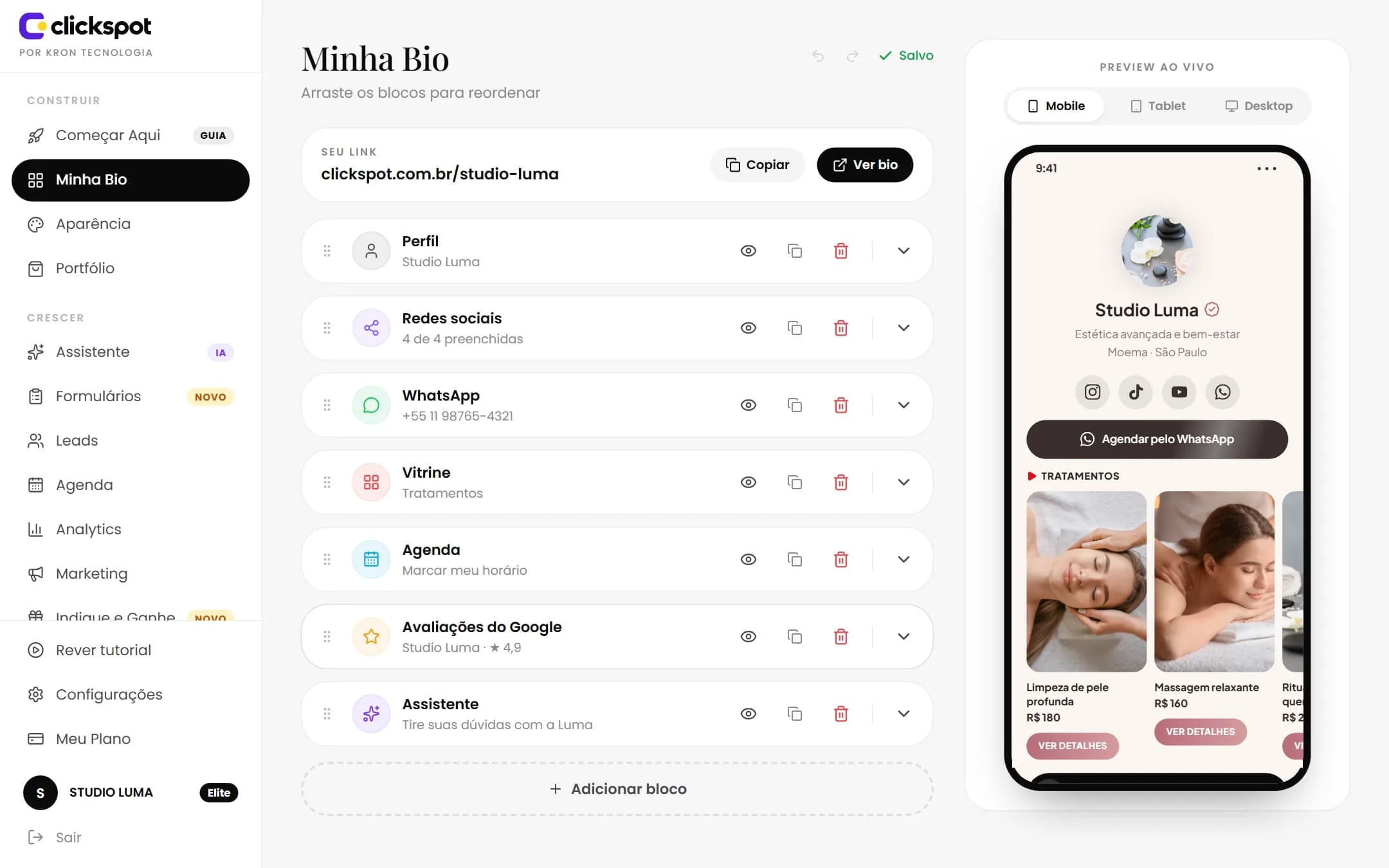 Tela Editor do painel do Clickspot