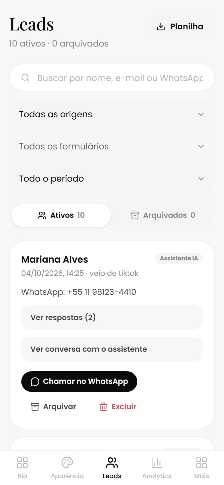 Tela Contatos do painel do Clickspot no celular