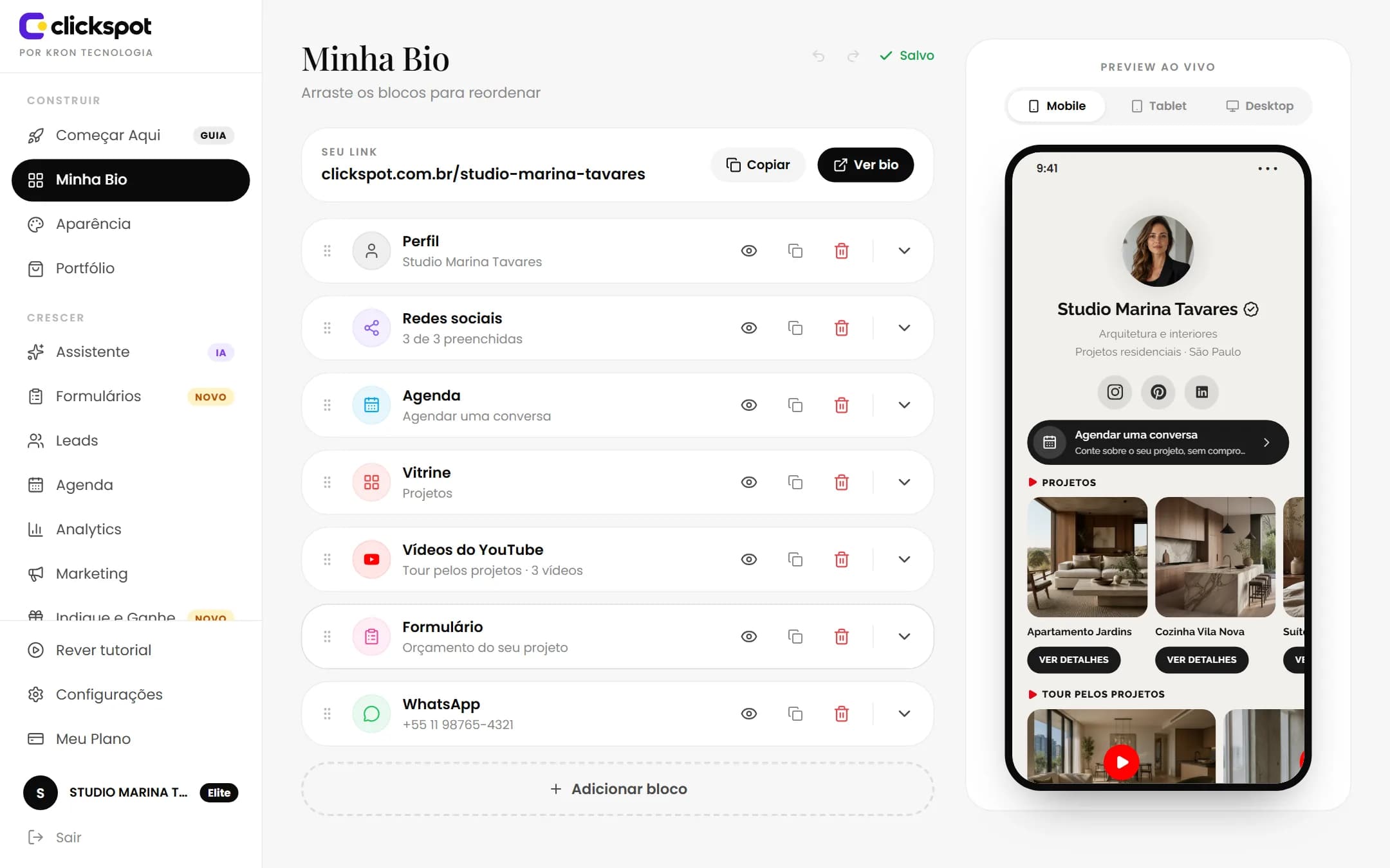 Editor da bio no painel do Clickspot